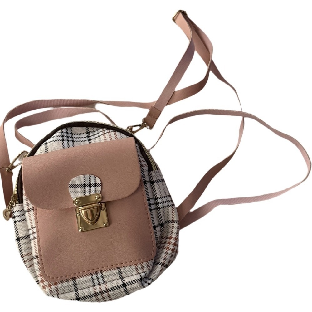 Pink Plaid Mini Backpack Crossbody Purse Faux Leather Gold Hardware Adjustable